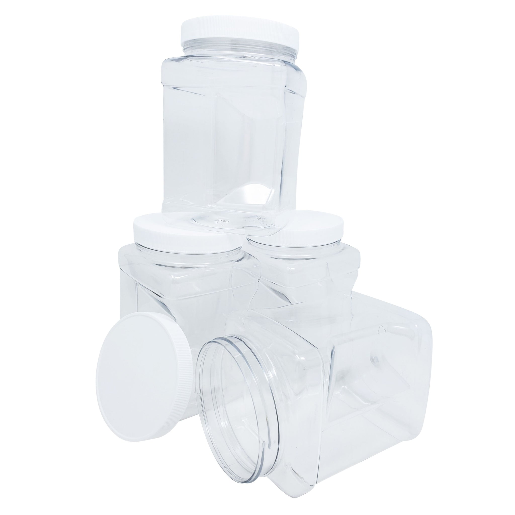 kelkaa 64oz Clear PET Plastic Square Jars with Grip Handle and White R