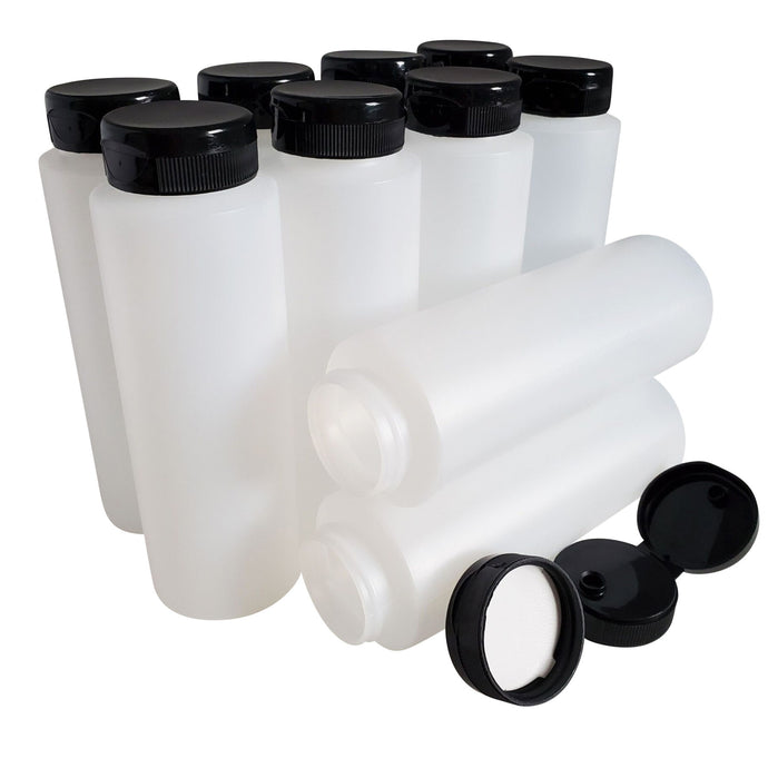 kelkaa 8oz HDPE Plastic Squeeze Bottles with Black Flip Top Caps